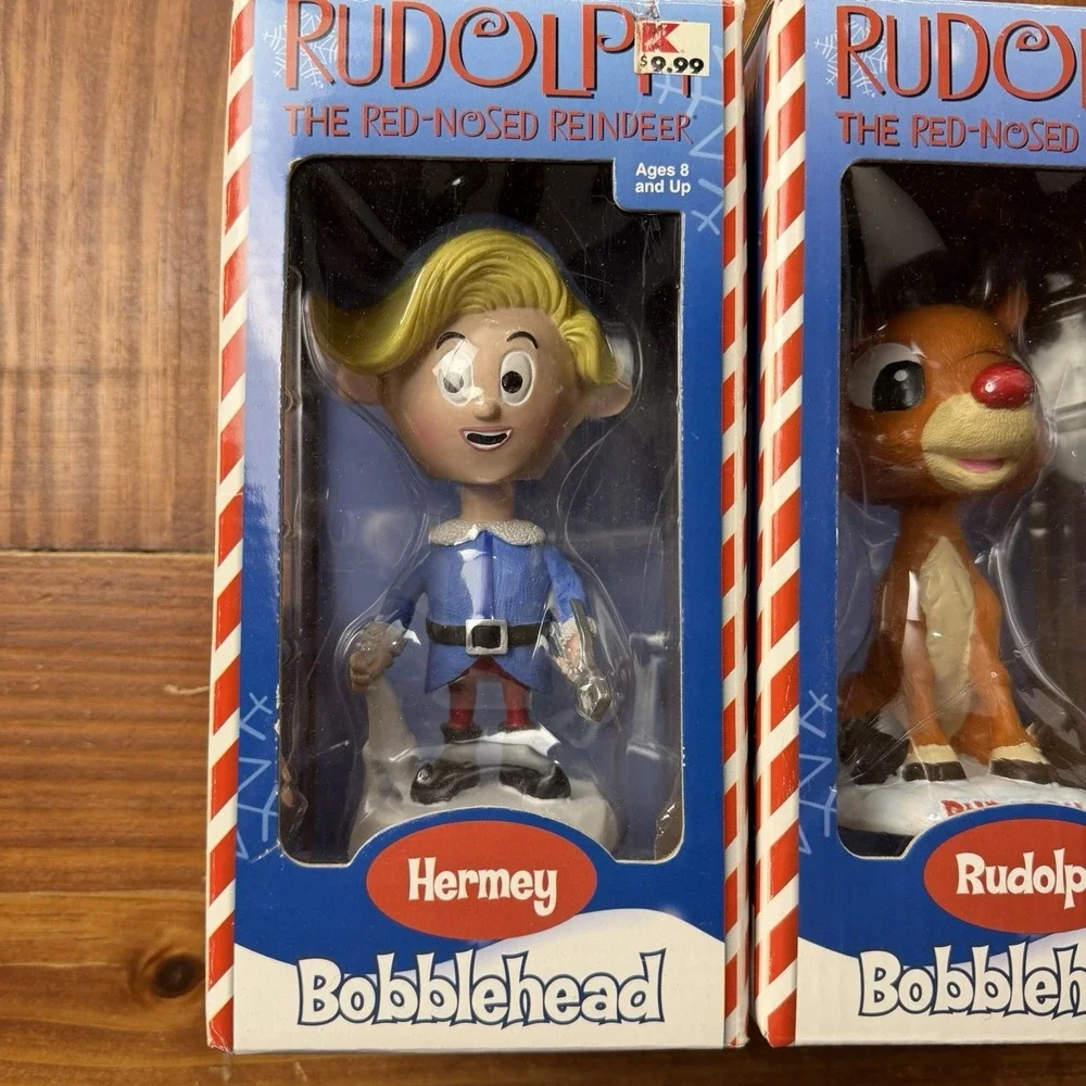 Vintage 2002 Rudolph & Hermey Bobblehead Set Toysite NIB Kmart Tag Christmas